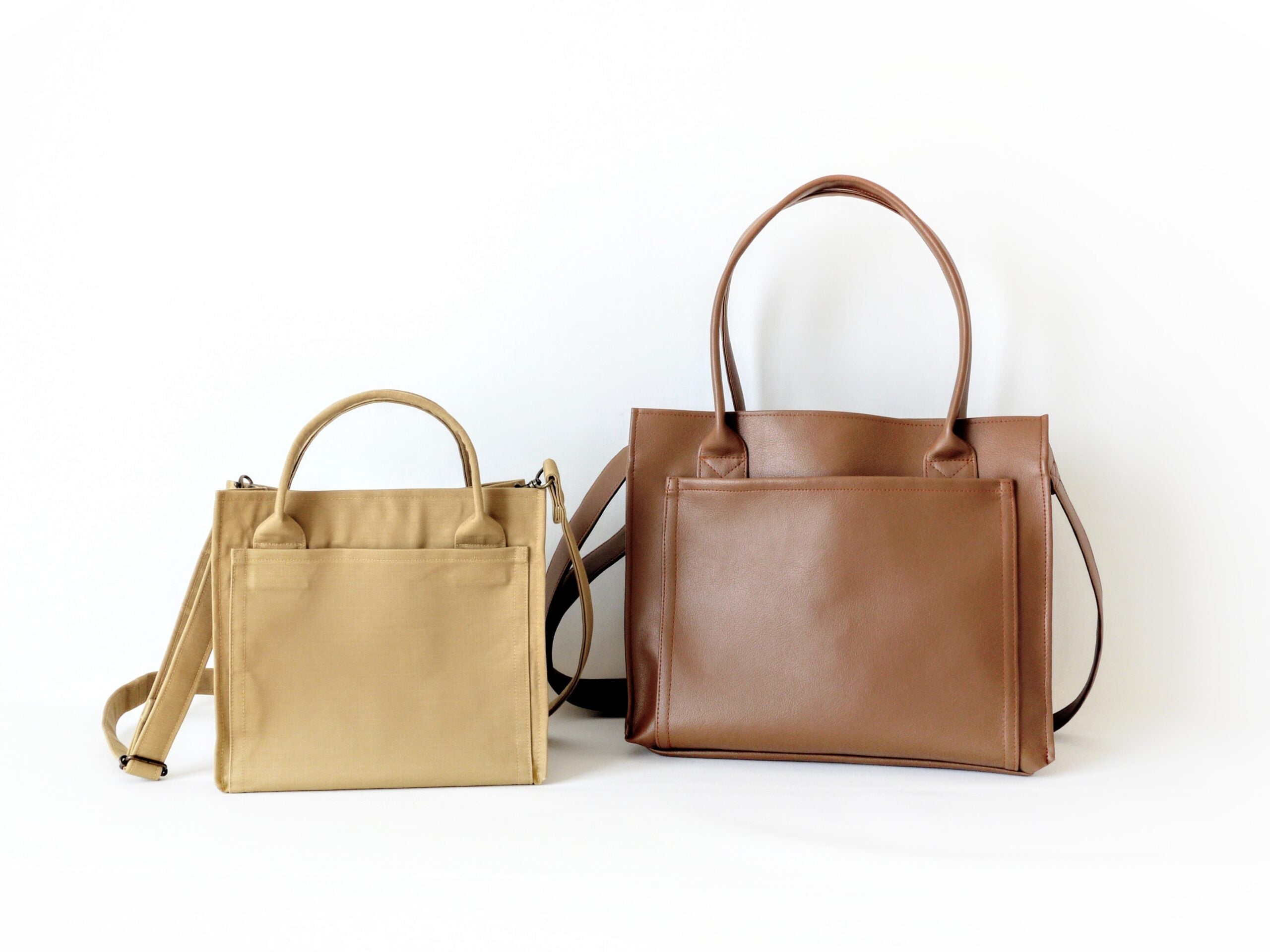 【オリジナル型紙】10-034-A スクエアミニトートバッグ、10-034-B スクエアトートバッグの作り方|完成写真|ハンドメイド初心者のための洋裁メディア縫いナビ|丸石織物