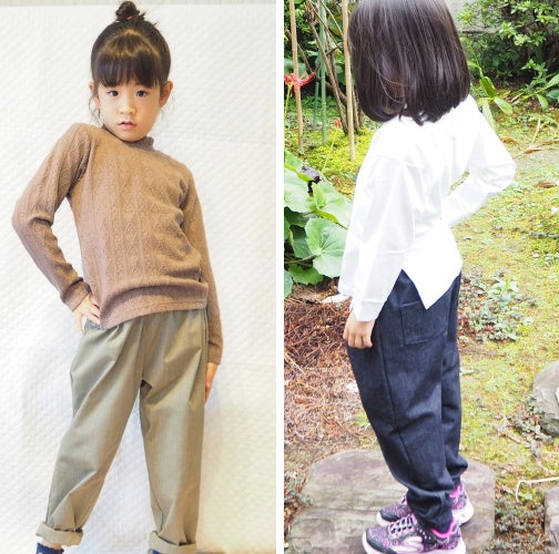 いろいろな生地やカラーで楽しめる! テーパードパンツ(後ろポケット付き)の作り方 【90~130cm】|着用イメージ|ハンドメイド初心者のための洋裁メディア縫いナビ|丸石織物