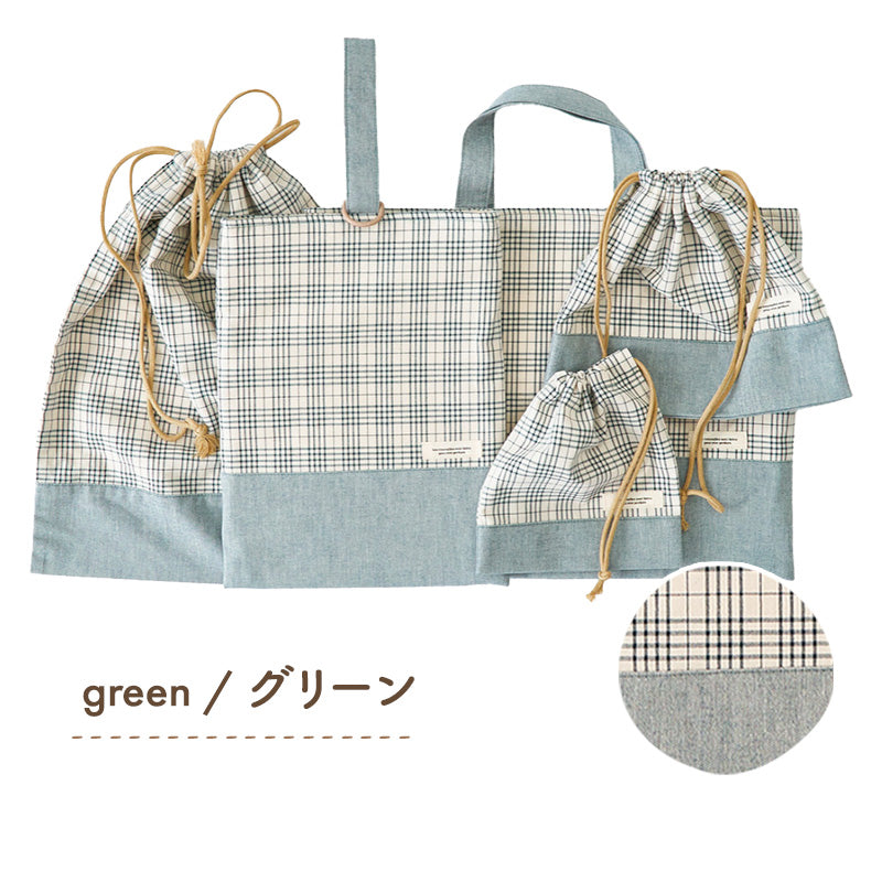 入園入学5点セット レッスンバッグ(内布キルト)・シューズケース(内布キルト)・着替え袋(内布無し)・巾着2枚(内布無し)