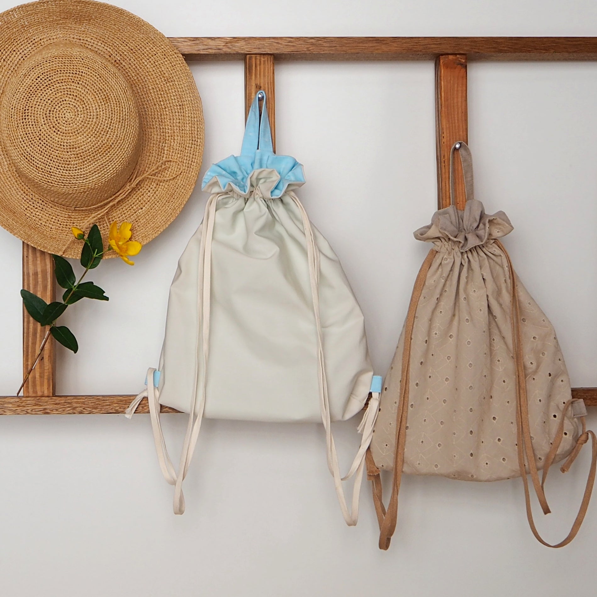 大人用ナップサックの作り方｜袋口フリル付き両手が空くバッグ