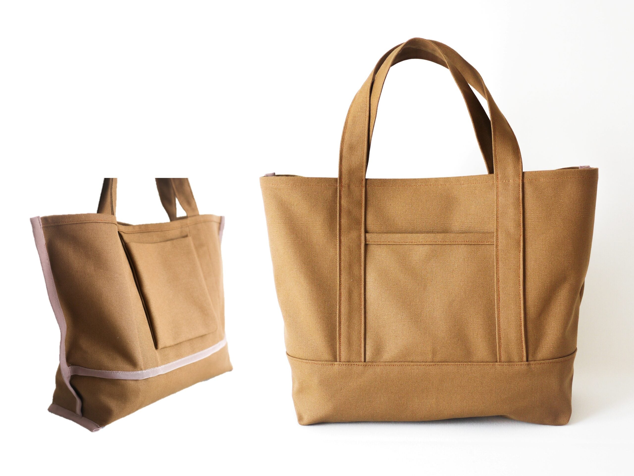 【オリジナル型紙】10-25裏地なしで綺麗に作れるトートバッグの作り方(内巻きテープ仕上げ)|完成品内巻きテープ仕上げアイキャッチ|ハンドメイド初心者のための洋裁メディア縫いナビ|丸石織物