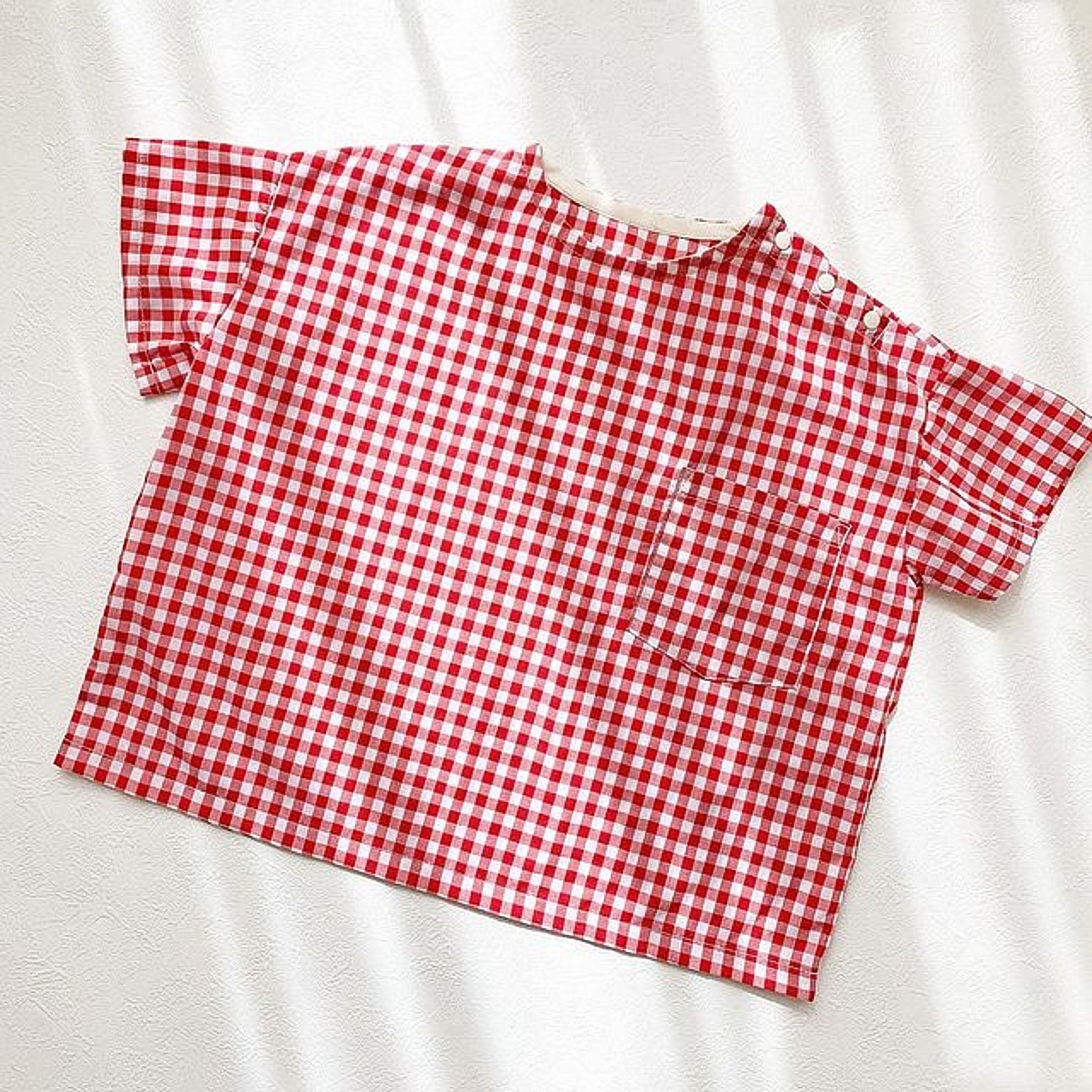 綿ポリ混紡ハーフダンガリー6mmギンガム#E レッド