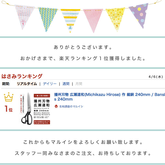 播州刃物 広瀬道和(Michikazu Hirose) 作 洋裁鋏 240mm / Banshu Hamono Sewing Scissors 240mm 名前入り